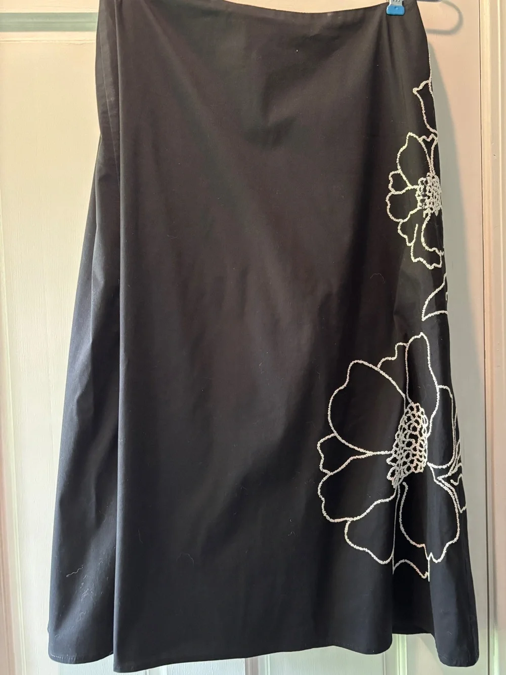 White House Black Market Black A-Line Skirt with White Floral Beaded Embroidery